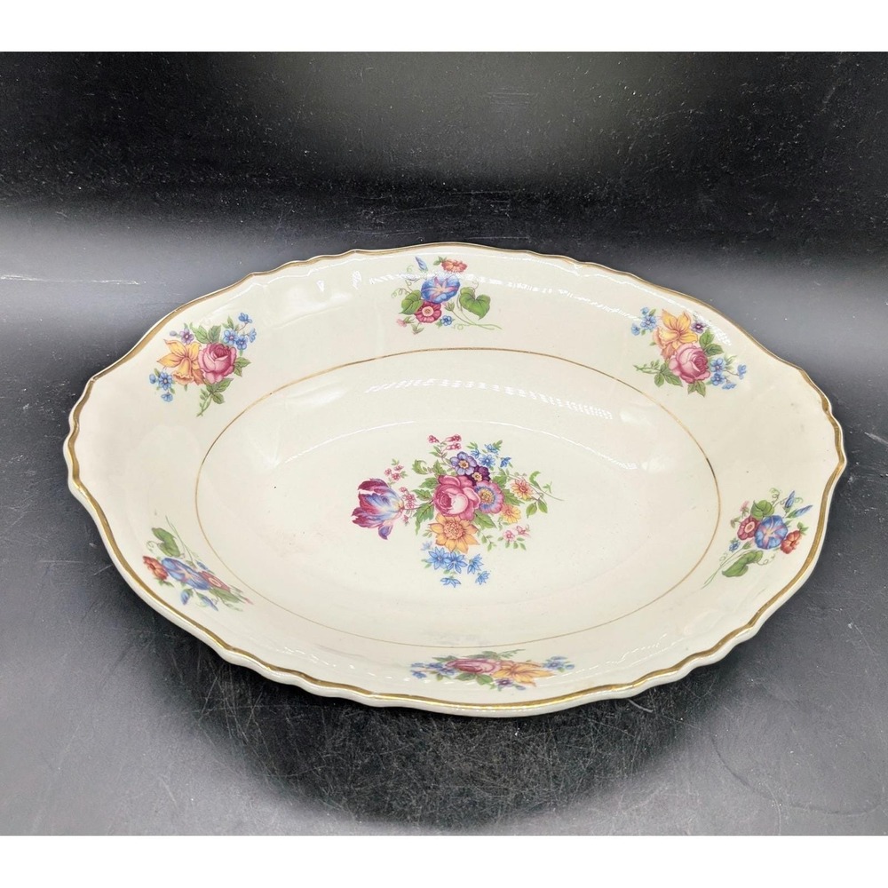 Syracuse China Federal Shape Oval Serving Bowl Floral Gold Trim Vintage Cream